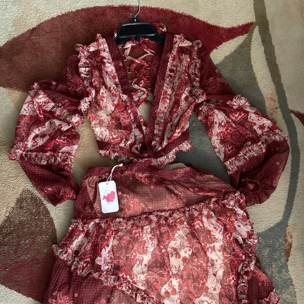 L'ATISTE Burgundy and Cream Long Sleeve Dress